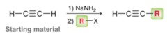 <p>deprotonates terminal alkynes, -R attaches where halide was</p><p>keeps alkene structure</p><p>(addition of an acetylide ion)</p>