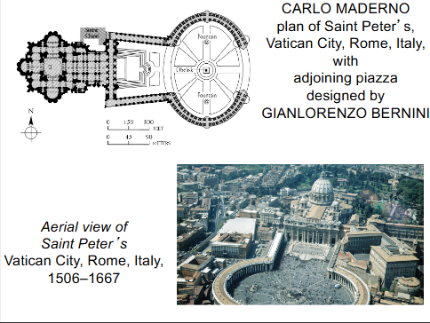 <p>Carlo Maderno and Gian Lorenzo Bernini, 1506-1667, Vatican City, Rome Italy </p><p>-the shift from byzantine central plan and Latin Cross plan.</p><p>-Latin Cross plan allowed for more people in the ceremony as well as make section for saint’s memorabilia </p><p>-Designed to impress, inspire, and unify believers and Shows the Church’s global authority</p>