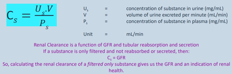 <p>Collect urine for known period of time.</p><p>• Measure concentration of the substance (s) in the urine and calculate its excretion in the urine per minute.</p><p>• The clearance of the substance (Cs) i.e. the volume (mL) of plasma that would have to be cleared completely of the substance to result in the measured urinary excretion can then be calculated.</p><p></p><p>renal clearance (cleaning rate) = GFR (flow speed) +tubular reabsorption and secretion</p><p></p><p>if substance only filtered and not reabsorbed/secreted=Cs(renal clearance) = GFR</p><p></p><p>calculating renal clearnace of filtered only substance gives us GFR and indication of renal health</p>