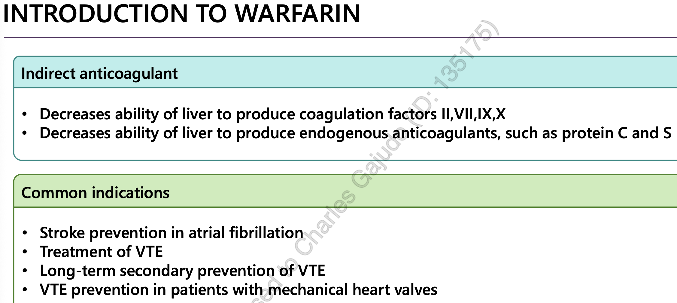 <p>1) A-FIB stroke prevention (OACS: warfarin or DOACs)</p><p>2) VTE treatment</p><p>3) VTE prevention</p><ul><li><p>2ndary prevention</p></li><li><p>mechanical heart valves</p></li></ul><p></p><p></p>