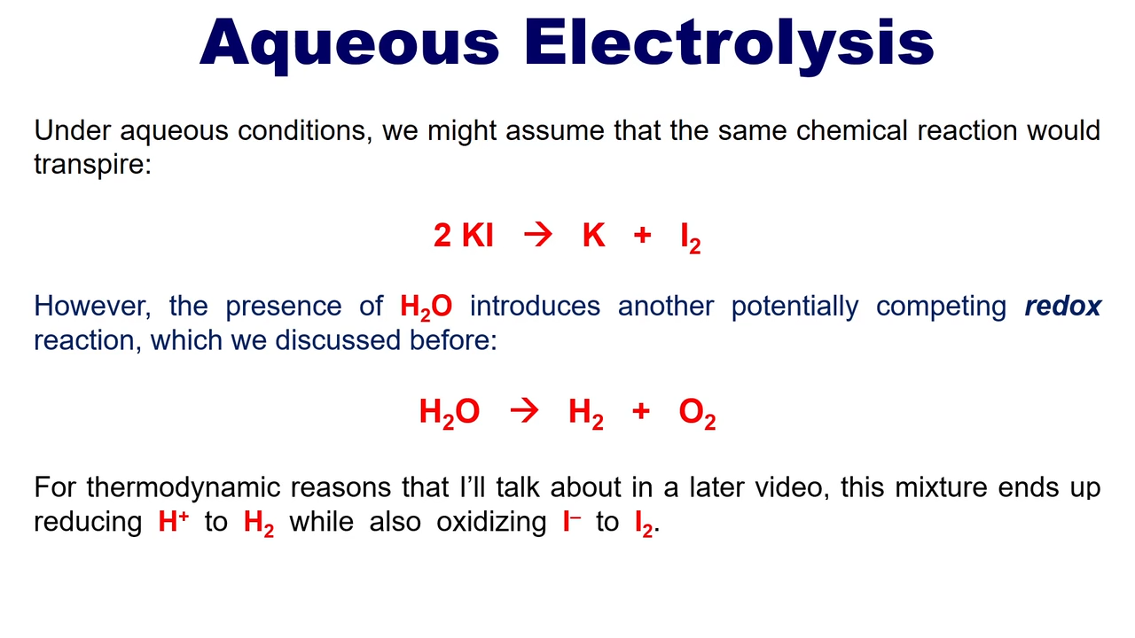 <p>like molten electrolysis,</p><p>but the addition of water also reduces H2+ into H2 </p>