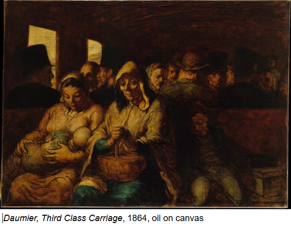 <p><strong>Identification:</strong></p><ul><li><p>Artist: Daumier</p></li><li><p>Title: <em>Third Class Carriage</em></p></li><li><p>Date: 1864</p></li><li><p>Movement: Realism</p></li></ul><p><strong>Historical Context:</strong></p><ul><li><p>The painting reflects life during the industrial era, when railways became a major form of transportation.</p></li><li><p>Train cars were divided by class, with “third class” reserved for the poorest passengers.</p></li><li><p>This division made social inequality highly visible in everyday life.</p></li><li><p>The work responds to industrialization by showing how modern systems reinforce class differences.</p></li><li><p>It also connects to broader artistic trends that focused on ordinary people and regional life during this period</p></li></ul><p><strong>Style:</strong></p><ul><li><p>The composition is tightly focused on the figures, minimizing background detail to emphasize human presence.</p></li><li><p>The lighting is soft and subdued, with a gentle glow that gives the scene emotional weight and seriousness.</p></li><li><p>The figures are rendered with quiet realism, avoiding dramatic gestures or exaggeration.</p></li><li><p>The central grouping creates a sense of stillness and reflection rather than action.</p></li></ul><p><strong>Themes:</strong></p><ul><li><p>The painting highlights the realities of class division in modern industrial society.</p></li><li><p>The elderly woman holding a child becomes a central symbol of endurance, suggesting a lifetime of hardship.</p></li><li><p>The soft, almost golden light gives the figures a sense of dignity and gravitas despite their poverty.</p></li><li><p>The work elevates the lives of the poor, presenting them as worthy of attention and respect.</p></li><li><p>It reflects the idea that modern progress (like trains) does not benefit all people equally.</p></li><li><p>The painting invites empathy by showing the quiet, everyday experience of those often ignored in society.</p></li></ul><p></p>