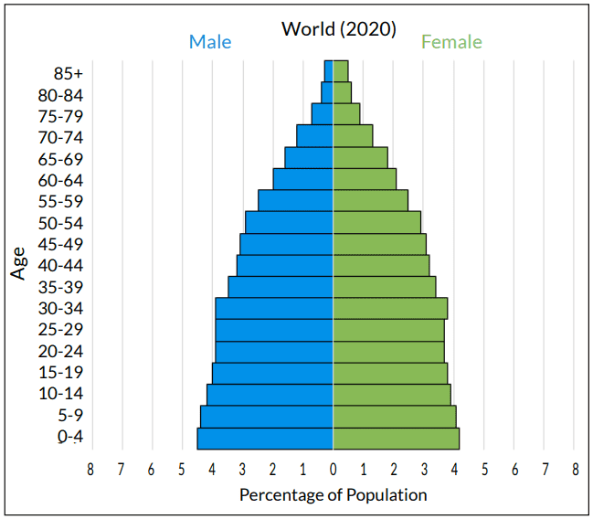 <p>y axis is age groups, x is percentage or number of individuals. </p><p>a population experiencing rapid growth has more young than old, slow growth also has more young than old but the difference is less extreme. a stable population has relatively similar proportions of age groups. a declining population has fewer young individuals</p>