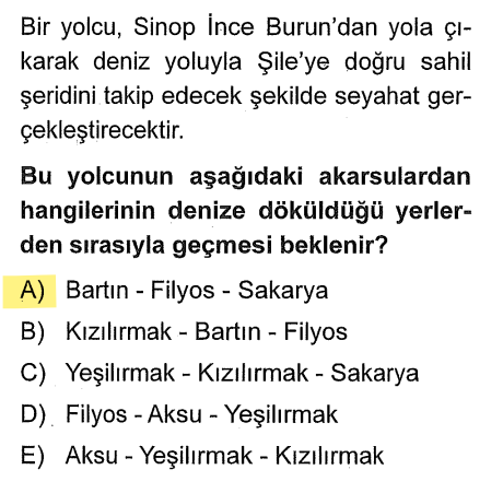 <p>Sinop İnceburun'dan batıya (Şile'ye) doğru gidildiğinde sırasıyla Bartın Çayı, Filyos (Yenice) Çayı ve Sakarya Nehri'nin ağızlarından geçilir.</p>