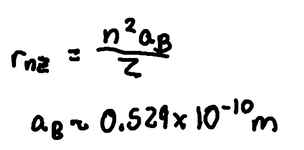 <p>where</p><p>rn,Z = orbit radius for hydrogen-like ion,</p><p>Z = nuclear charge number.</p><p>n = principal quantum number</p><p>aB = Bohr radius (.529 × 10^-10m)</p>