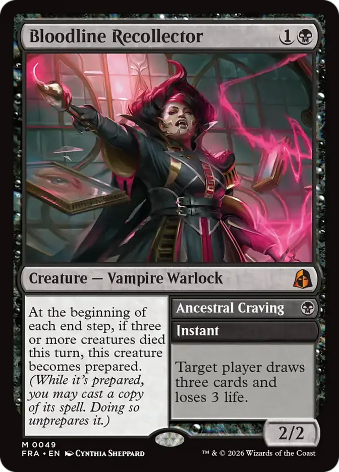 <p>At the beginning of each end step, if three or more creatures died this turn, this creature becomes prepared. <em>(While it’s prepared, you may cast a copy of its spell. Doing so unprepares it.)</em></p><p><span style="background-color: transparent;">Ancestral Craving {B}</span></p><p class="card-text-type-line">Instant</p><p>Target player draws three cards and loses 3 life.</p>