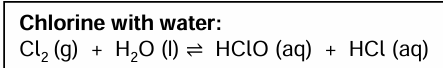 <ul><li><p>ClO<sup>- </sup>produced which kills bacteria in water </p></li><li><p>Also prevents growth of algae →removing any bad tastes and smell</p></li><li><p>Is a disproportionation reaction </p></li></ul><p></p>