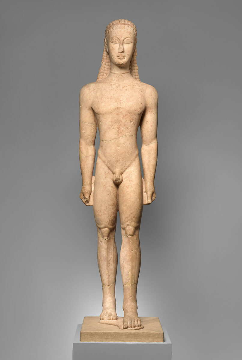 <p>Archaic sculpture of young man, free-standing rigid, nude</p>