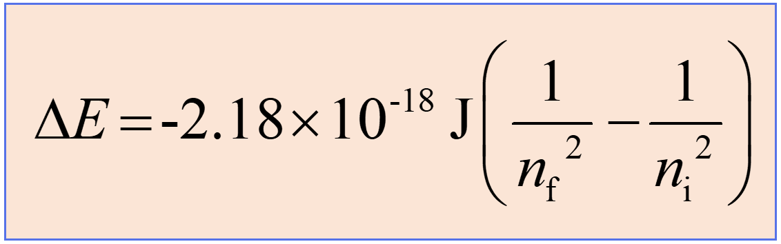 <p>When an electron jumps between n levels (orbitals), it either absorbs or releases a photon. To find that energy, we use the Bohr Model formula (see image):</p><ul><li><p>E: The energy of the photon emitted or absorbed.</p></li><li><p>R<sub>H</sub> (Rydberg Constant): This is the energy scale for the hydrogen atom. Value:<strong> 2.18 × 10<sup>-18</sup> J </strong></p></li><li><p>n<sub>final</sub>: The ending orbital level</p></li><li><p>n<sub>initial</sub>: The starting orbital level</p></li></ul><p><strong>If E is positive</strong>: the electron absorbed energy (it moved from a low level to a higher level)</p><p><strong>If E is negative:</strong> the electron released energy (it fell from a higher level to a lower level) and <u>a photon was emitted</u>.</p>