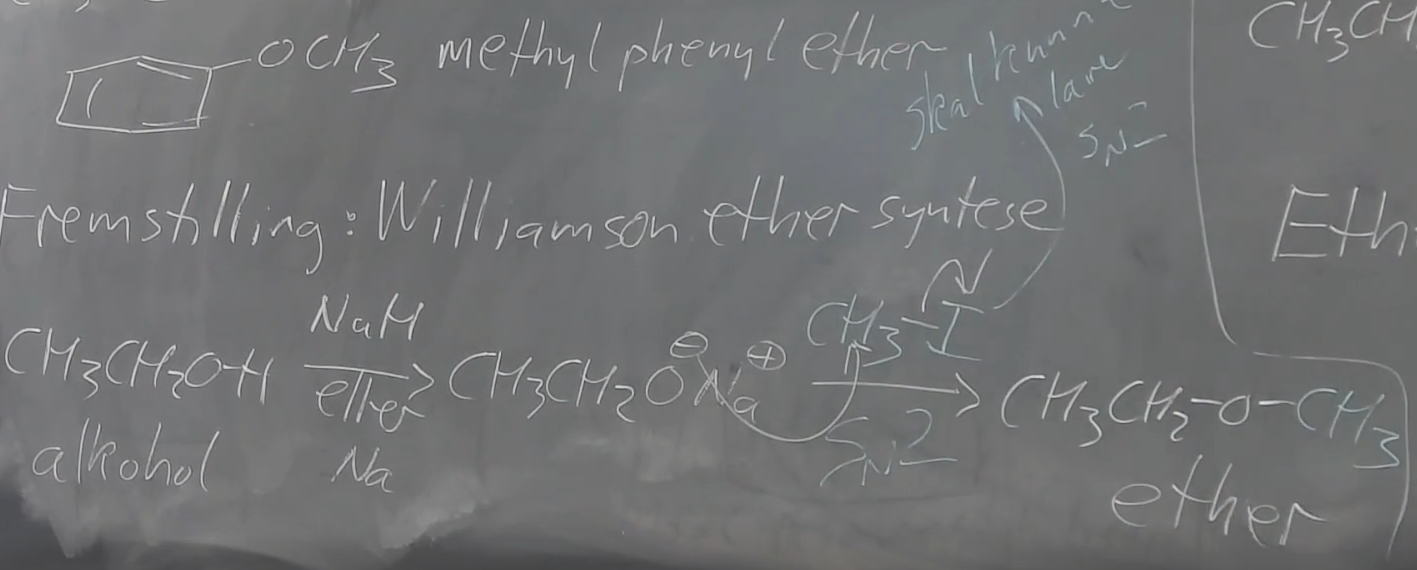 <p>Williamson ether syntese. fremstilles fra en alkohol ved at deprotonere den. Derefter laver man en Sn2 reaktion. Det skal altså være en alkyl gruppe der er methyl, primær eller secundær</p>