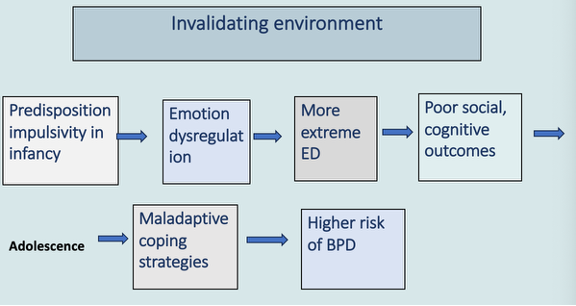 <ul><li><p><span style="background-color: transparent;">All of these factors are made worse by the overarching invalidating environment&nbsp;</span></p><p><span style="background-color: transparent;">If had sensitive parenting trajectory might not happen - may give coping strategies etc</span></p><p><br></p></li></ul><p></p>