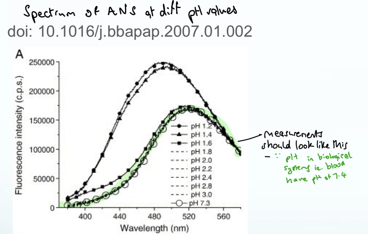 <p>Curve should peak at around 500 nm because pH is 7.4 in physiological systems</p>