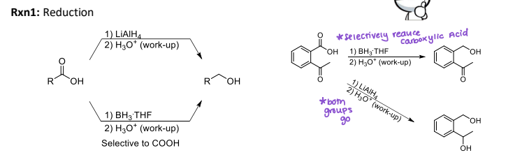 <p><strong><u>Reaction #8) - ________</u></strong></p><ul><li><p>Reduction process that <strong><mark data-color="red" style="background-color: red; color: inherit;">selectively reduces Carboxylic Acids (slices off C=O)</mark></strong></p></li></ul><p></p>
