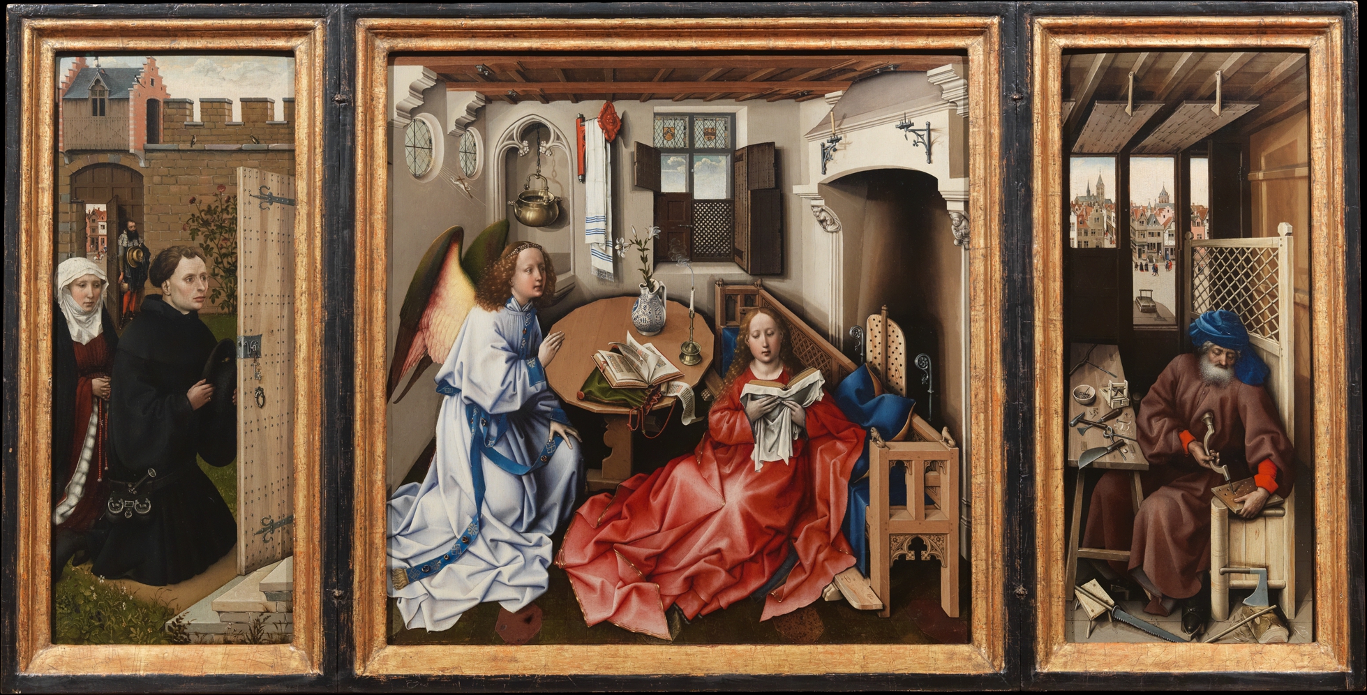 <p><span>Observe the </span><span style="background-color: var(--clrSpellingErrorHighlightBg,#ffe5e5); color: var(--clrSquiggleHighlightTextColor,#000000);">Mérode</span><span> Altarpiece (1425-8), attributed to Robert Campin’s workshop (below). List as many iconographical signs and symbols as you can from all three panels, with a brief explanation of their meaning.&nbsp;&nbsp;</span></p>