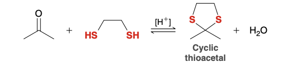 <p>Ketone/Aldehyde</p><p>HS-CH2-CH2-SH</p><p>Acid Catalyst</p>