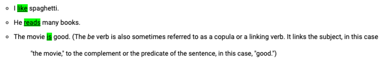 <ul><li><p>Expresses what the person, animal, place, concept or thing does/is doing</p></li><li><p>Determine the verb by asking the question “What was the action or what just happened?”</p></li></ul><p></p>