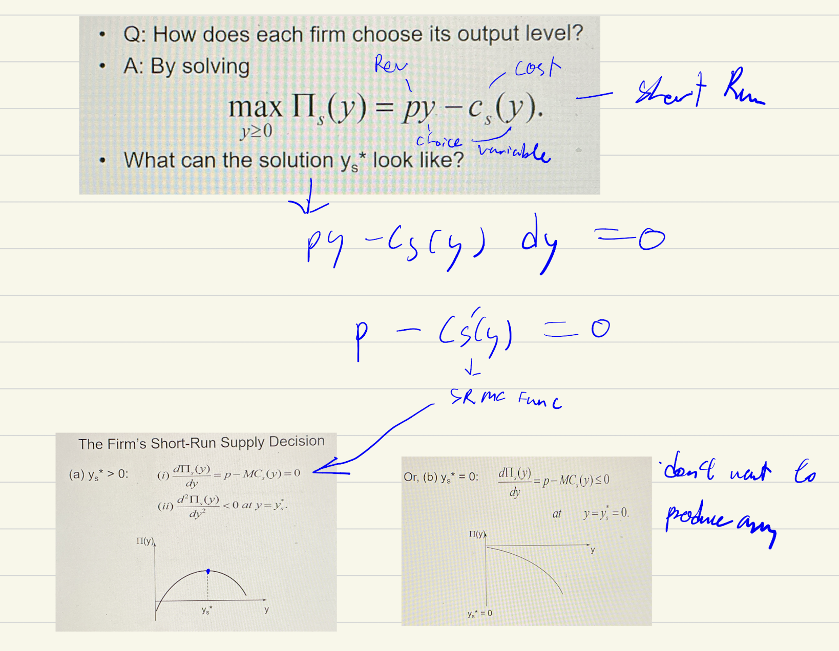 <p>differentiate → = 0 → p = mc<br>2 conditions → =0 (Interior case) Or SOC is negative, &amp; (for interior case) MC curve must be upward sloping (slope must be positive, if negative it is actually profit minimising)<br>2 cases → don’t produce at all or produce</p>
