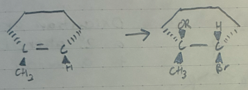 <p>Markov addition of OR and Br to an alkene</p>