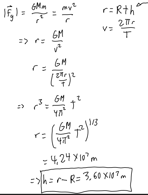 <p>set gravitational force equal to mv²/r, also remember its from the surface so subtract radius of earth from final answer.</p>