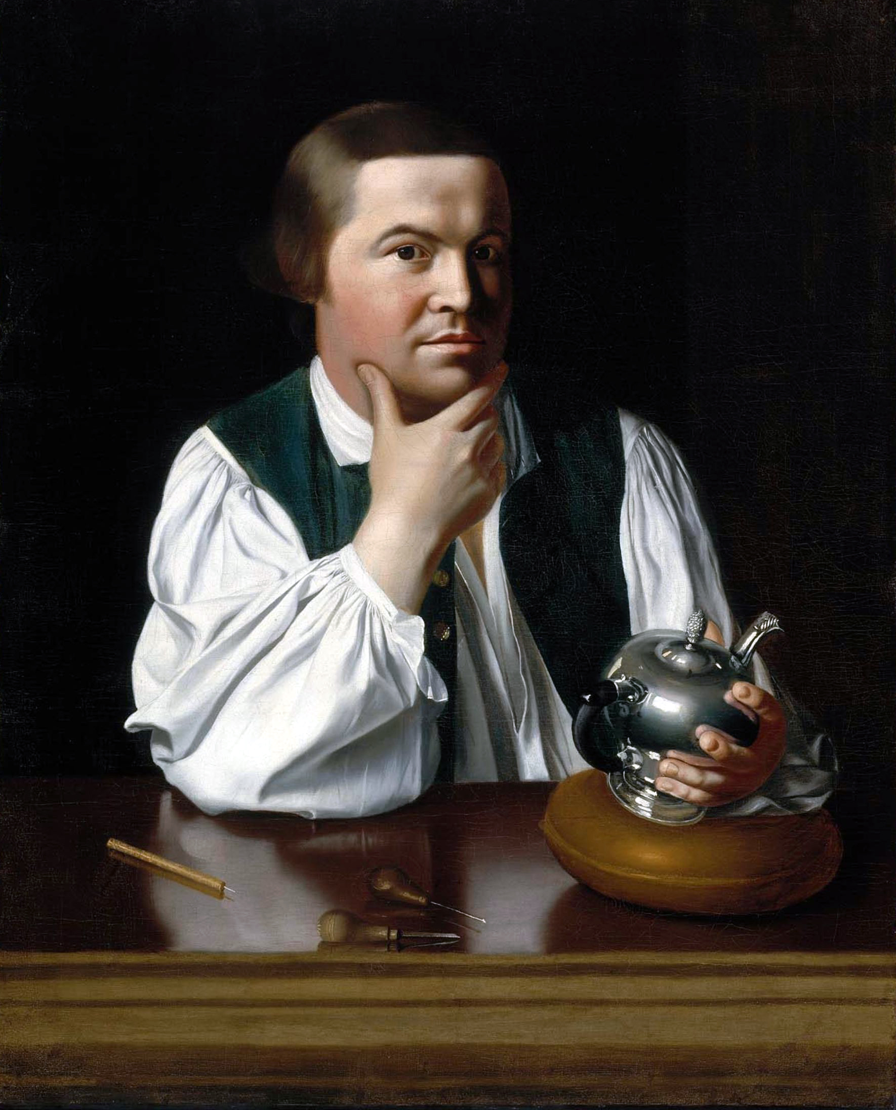 <p>focused on Revere as an individual/ craftsman; not wearing anything to imply his status; very intense eye contact</p>