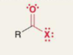 <p>Oxygen double bonded to a carbon, the carbon is bonded to an R and an X with 3 lone pairs</p>