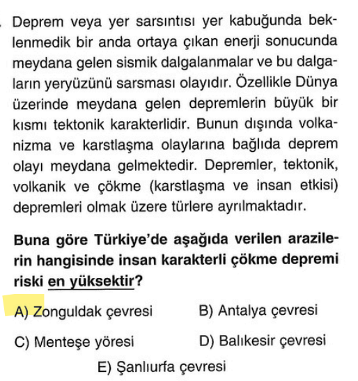 <p>Çökme depremi yerin altındaki boşlukların (mağara veya maden ocağı) tavanının çökmesidir. Zonguldak'ta çok fazla maden ocağı olduğu için bu risk orada fazladır.</p>