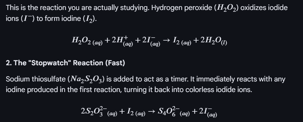 <ul><li><p>In a smaller beaker have H2O2</p></li><li><p>In a larger beaker have H2SO4 + KI + Na2S2O3 + starch</p></li><li><p>Mix the smaller beaker to the larger beaker, and start the stock watch immediately, stop the timer when the colour change turns blue-black</p></li><li><p>Repeat the experiment by varying the concentration of KI and water - but everything else remains the same.</p></li><li><p>Then in a separate table have the volume of KI and the rate (1/time)</p></li><li><p>Then determine the rate order.</p></li></ul><p></p><p></p>
