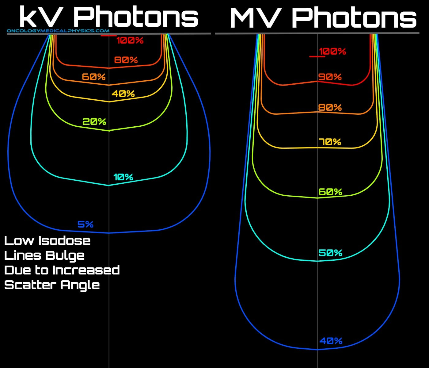 <p>C 1, 3, 4</p><div data-type="horizontalRule"><hr></div><p>The linear accelerator beam will be of greater energy so it will show greater penetration, less side scatter, higher percent depth dose and flatter isodose lines.</p><p><br></p>