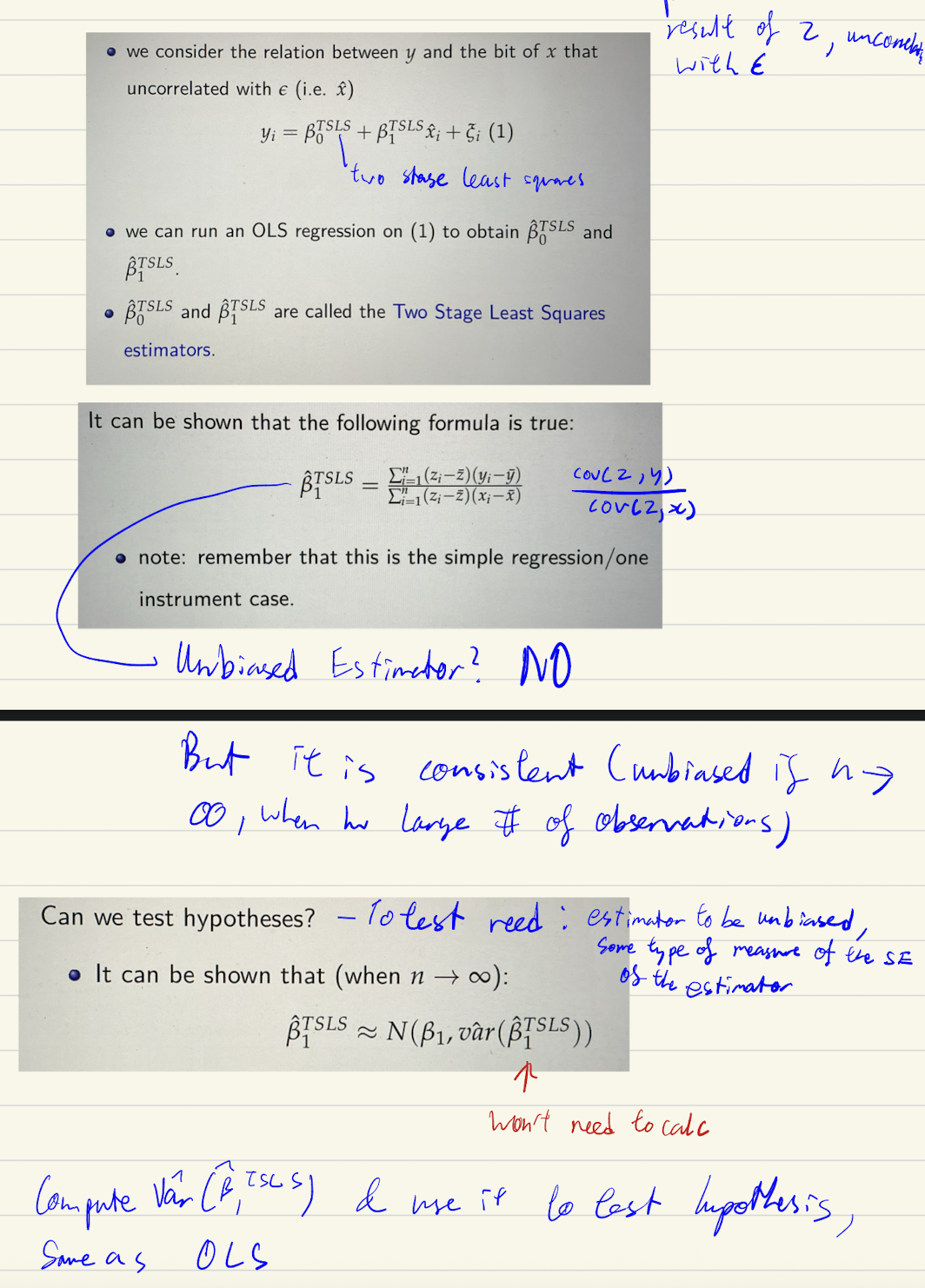 <p>First stage: Run x on z → estimated x is the fitted values (Part of x correlated w z) → Est(V<sub>i</sub>) = residuals = X<sub>i</sub> - Fitted values (est(X<sub>i</sub>)).  Shld also include controls when running - but too advance<br><br>Second stage: Run y on fitted values → find estimates</p>