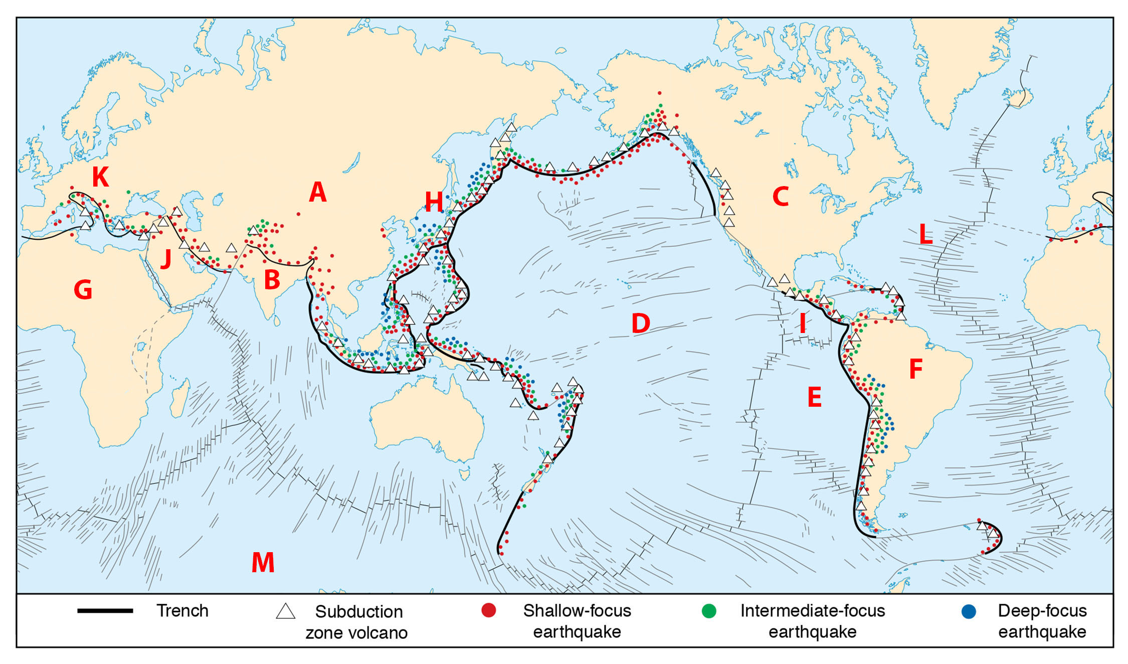 <p>Where India (on plate B) runs into Asia (plate A) forming the Himalayas, why are there no deep-focus earthquakes (blue dots)?</p>