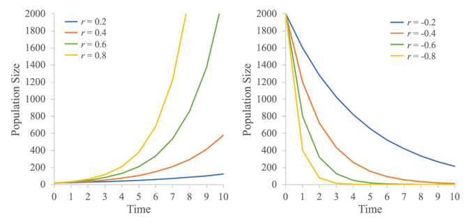 <p>r = 0 → stable population</p><p>r > 0 → rapid increase</p><p>r < 0 → population decline</p>