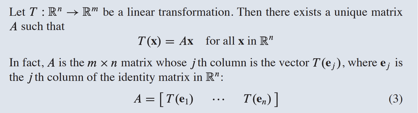 <p>to find the matrix for ANY linear transformation, just see what it does to those two building blocks (represented as I), and stack the results as columns</p>