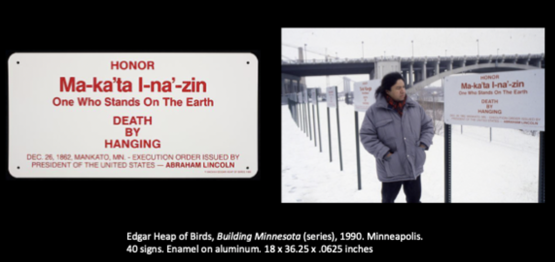 <p>Edgar Heap of Birds, Building Minnesota (series), 1990. (compare and contrast)</p>
