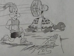 <p>one who is defeated in a race, election, or other competition; loser</p><p>The tortoise was an ________ until he strapped on an AWESOME FAN.</p>