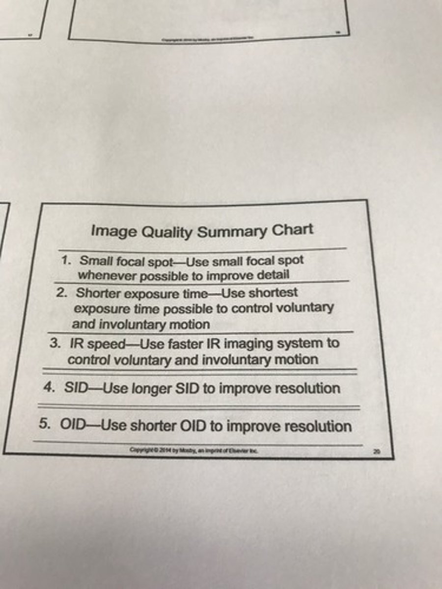 <p>1) small focal spot- use whenever possible to improve detail</p><p>2) short exposure time- used to control voluntary and involuntary motion</p><p>3) SID- use longer SID to improve resolution</p><p>4) OID- use shorter OID to improve resolution</p>