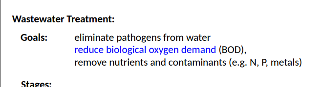 <ol><li><p>Pathogens</p></li><li><p>Biological oxygen demand (BOD)</p></li><li><p>Nutrients and contaminants (eg N, P, metals)</p></li></ol><p></p>