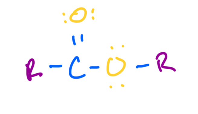 <p>Has a C-O single and double bond with two R groups</p>