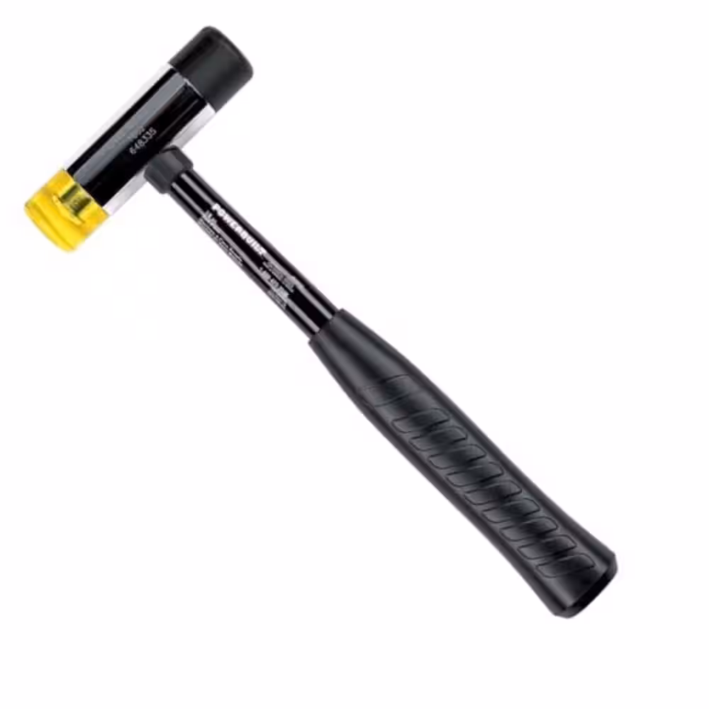 <p>Soft-face hammer with interchangeable heads made of wood, plastic, rawhide, or rubber, used to strike without damaging surfaces.</p>