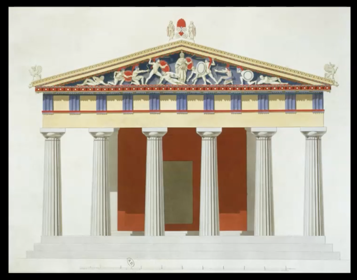 <p>-the idea of balance and harmony exists in the Greek values and that translates into their arts and architecture </p><p>->so the front of a Greek temple is going to look like the back as well. -> there will be a colonnade of columns, and then above it a pediment that faces both the east and west sides of the Temple of Aphaia. </p>