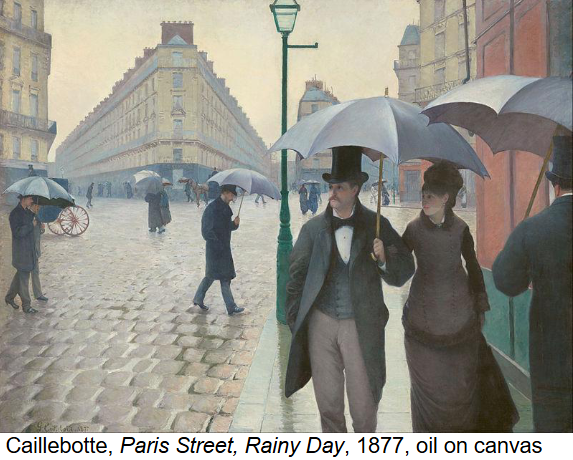 <p><strong>Identification:</strong></p><ul><li><p>Artist: Caillebotte</p></li><li><p>Title: <em>Paris Street, Rainy Day</em></p></li><li><p>Date: 1877</p></li><li><p>Movement: Impressionism / Realism</p></li></ul><p><strong>Historical Context:</strong></p><ul><li><p>The painting shows modern Paris after Haussmann’s renovations, with wide boulevards and open urban space.</p></li><li><p>It reflects new social environments where people move through the city and observe one another.</p></li><li><p>Caillebotte was both a painter and a collector who supported Impressionist exhibitions.</p></li><li><p>The scene emphasizes visibility and the experience of being in public space</p></li></ul><p><strong>Style:</strong></p><ul><li><p>The composition is highly structured and controlled, unlike the looser style of many Impressionists.</p></li><li><p>Figures are more clearly defined, showing Caillebotte’s more observational and restrained approach.</p></li><li><p>Strong perspective lines guide the viewer’s eye down the boulevard.</p></li><li><p>The wet street and atmosphere are carefully rendered, adding realism to the scene.</p></li></ul><p><strong>Themes:</strong></p><ul><li><p>Focus on <strong>modern city life</strong> and public space.</p></li><li><p>Suggests <strong>class differences</strong> through clothing and distance between people.</p></li><li><p>Emphasizes <strong>looking and being seen</strong>, with figures gazing in different directions.</p></li><li><p>Shows how people can be close together but still feel separate.</p></li></ul><p></p>