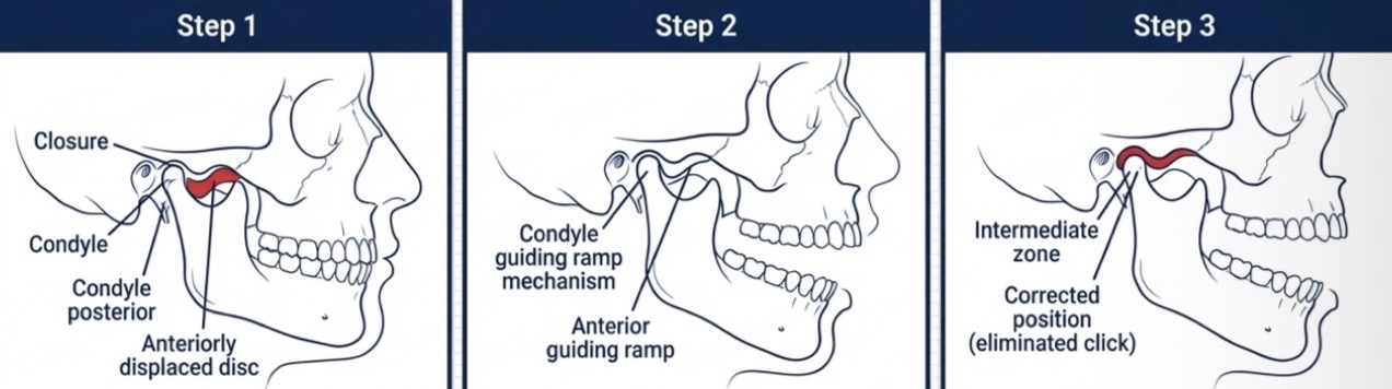 <p>Re-establish condyle-disc relationship to eliminate painful load</p><p>Orthopaedic technique- anterior repositioning device- eliminates click </p><p>Mainly use at night to promote tissue adaption without altering occlusion permanently </p><p>Therapies- voluntary movement restrictions soft diet and temp analgesia </p>