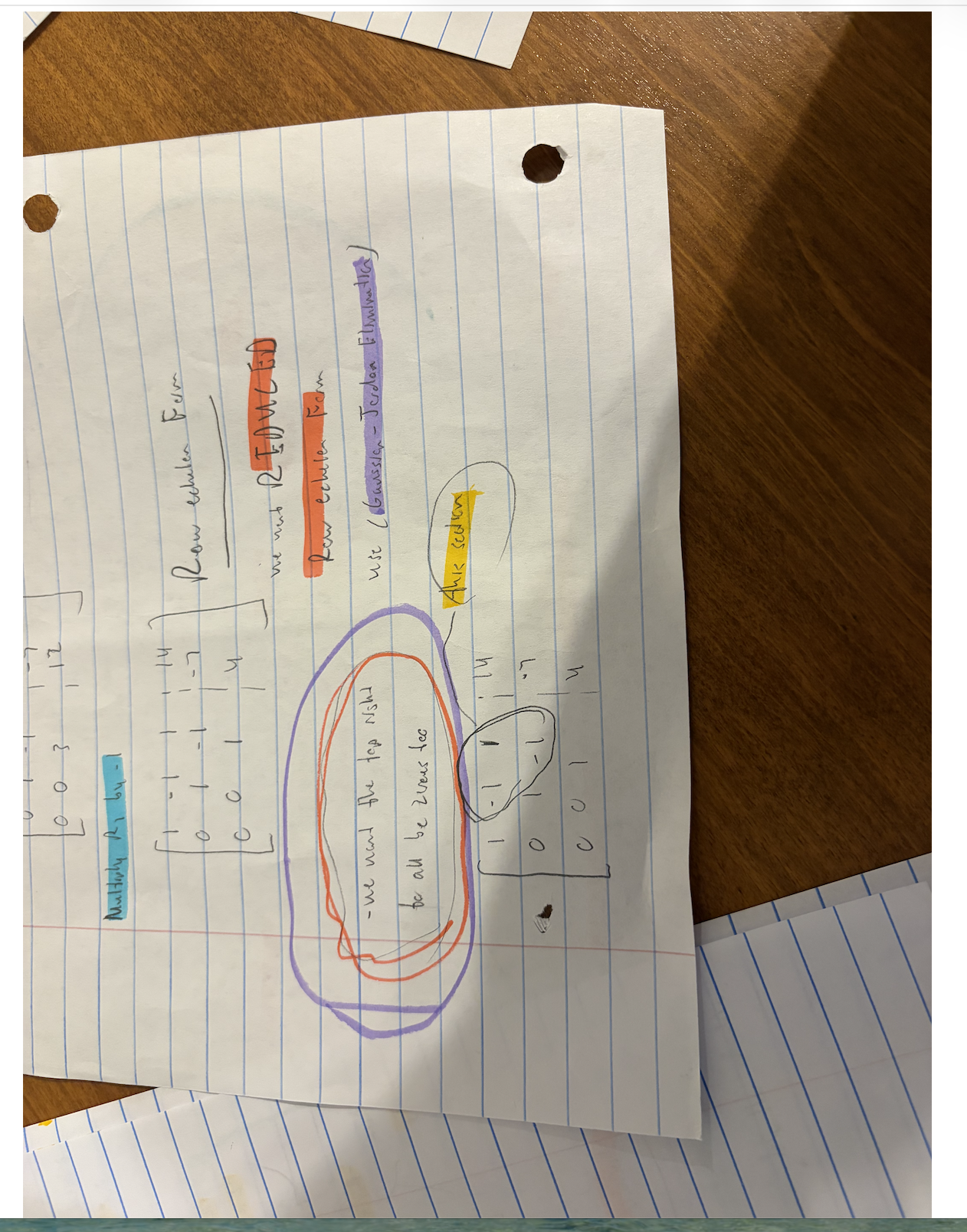 <ol><li><p>With Gaussian elimination, elementary row operations are applied to a matrix to obtain a <strong>(row-equivalent) row-echelon form of the matrix.</strong></p></li><li><p><strong><em><u><mark data-color="yellow" style="background-color: yellow; color: inherit;">A second method of elimination, called Gauss-Jordan elimination, continues the reduction process </mark><mark data-color="#fdff4d" style="background-color: rgb(253, 255, 77); color: inherit;">until a reduced row-echelon form is obtained.</mark></u></em></strong></p></li></ol><p></p><p>With Gauss-Jordan elimination, you are trying to get the top right to all be zeros too, that is the goal. </p><p><span style="color: red;"><strong><em><u><mark data-color="yellow" style="background-color: yellow; color: inherit;">All this does is turn a row-echelon form matrix into reduced row-echelon form. And you want to put the matrix in row echelon form into a matrix where every column with a leading 1 has zeros in every position above and below it.</mark></u></em></strong></span></p><p></p>