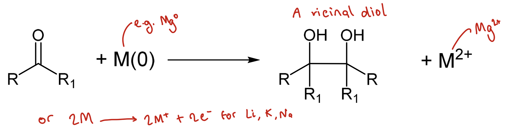 <p>Generates new covalent bond between 2 carbonyl units forming a 1,2-diol (pinacol)</p><p>Uses an M(0) metal such as Mg</p>