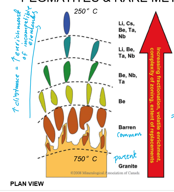 <p>The pegmatite body itself</p><ul><li><p>crystals with unusual chemistry and size crystallize from the low-temperature, volatile-rich magma (± aqueous fluid)</p></li></ul><p></p>