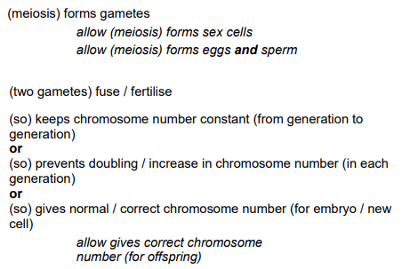 <ul><li><p>Meosis forms gametes</p></li><li><p>Two gametes fuse</p></li><li><p>So it gives the correct chromosome number for the embryo</p></li></ul><p></p>