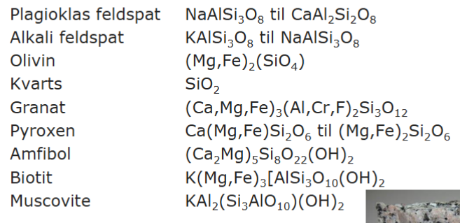 <p>Plagioklas feldspat</p><p>Alkali feldspat</p><p>Olivin</p><p>Kvarts</p><p>Granat</p><p>Pyroxen</p><p>Amfibol</p><p>Biotit</p><p>Muscovite</p><p></p><p>>95% kontinentalskorpen, oceanbundsskorpen og kappen består af silikatmineraler</p>