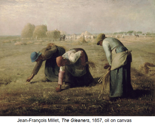 <p><strong>Identification:</strong></p><ul><li><p>Artist: Millet</p></li><li><p>Title: <em>The Gleaners</em></p></li><li><p>Date: 1857</p></li><li><p>Movement: Realism</p></li></ul><p><strong>Historical Context:</strong></p><ul><li><p>The painting depicts gleaning, a practice where the poorest members of society collected leftover crops after the harvest.</p></li><li><p>These figures represent rural workers in France, particularly women and children who relied on this labor to survive.</p></li><li><p>Millet returned to his own community to paint these subjects, emphasizing a direct connection to real life.</p></li><li><p>At the time, images of peasants were politically sensitive, as there were fears of social unrest and revolution.</p></li><li><p>The decision to depict such a low-status subject on a large scale was controversial and challenged traditional artistic expectations.</p></li></ul><p><strong>Style:</strong></p><ul><li><p>The figures are shown with naturalistic detail, bent over in repetitive motions that emphasize the physical strain of their labor.</p></li><li><p>The composition places the gleaners prominently in the foreground, making their work the central focus of the painting.</p></li><li><p>A soft, golden light washes over the scene, giving it a calm and almost spiritual atmosphere.</p></li><li><p>The large scale of the painting gives the subject a sense of gravity and importance, similar to history painting.</p></li></ul><p><strong>Themes:</strong></p><ul><li><p>The painting emphasizes the hardship and physical demands of manual labor, particularly for the rural poor.</p></li><li><p>At the same time, the figures are not depicted as weak, but rather as strong and enduring, highlighting their resilience.</p></li><li><p>The golden light and calm tone introduce a Christian association, linking their suffering to the suffering of Christ and suggesting moral value in humility.</p></li><li><p>The work brings attention to the continued presence and importance of peasant labor in French society.</p></li><li><p>By elevating a humble subject, Millet challenges what was traditionally considered worthy of art and forces viewers to acknowledge social inequality.</p></li></ul><p></p>