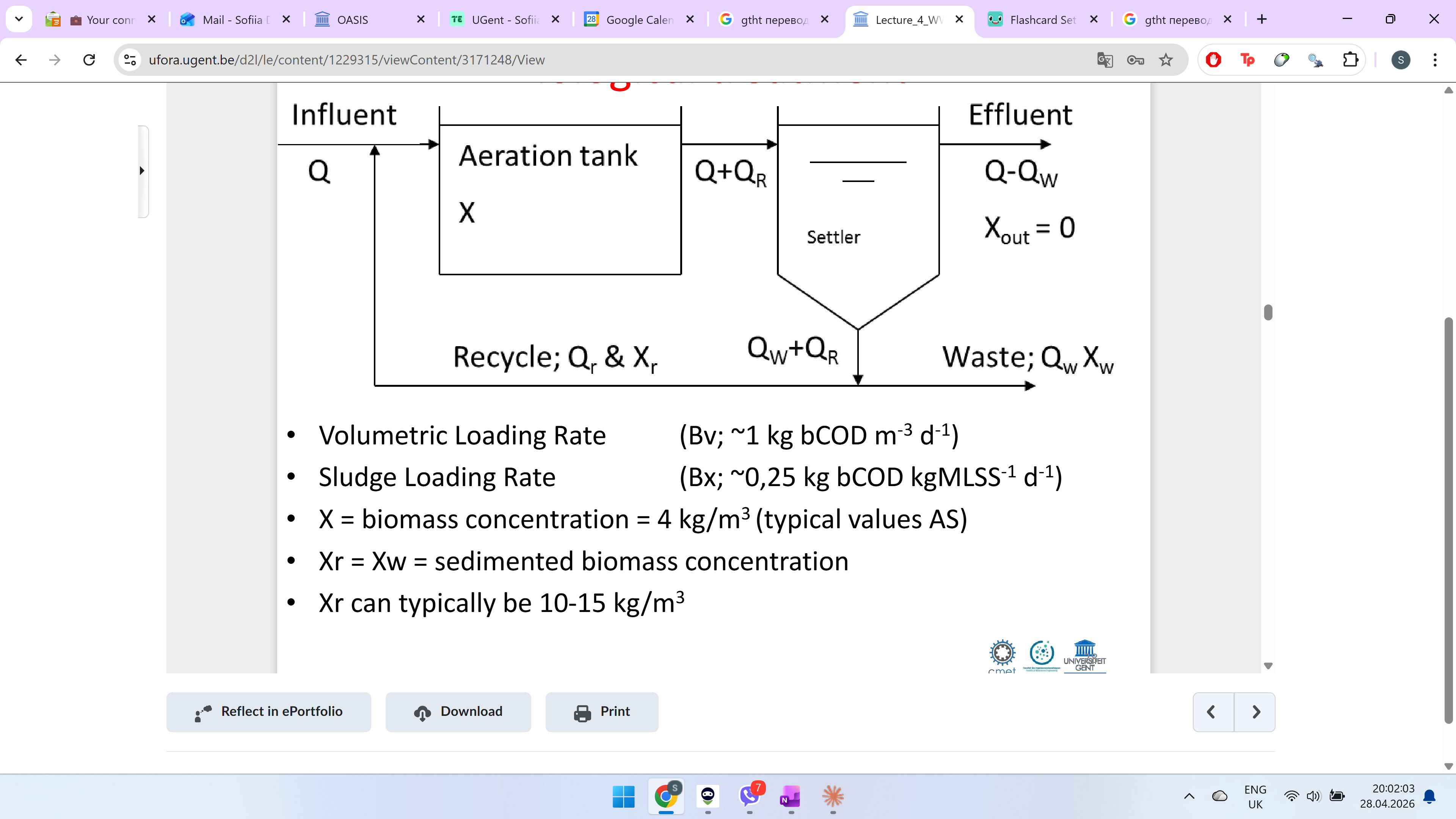 <p><strong>Volumetric Loading Rate (Bv)</strong> — how much pollution enters <em>per m³ of tank volume</em> per day ~ 1 kg bCOD m⁻³ d⁻¹</p><p class="font-claude-response-body break-words whitespace-normal leading-[1.7]"><strong>Sludge Loading Rate (Bx)</strong> — how much pollution enters <em>per kg of bacteria</em> per day ~ 0.25 kg bCOD kgMLSS⁻¹ d⁻¹</p><p class="font-claude-response-body break-words whitespace-normal leading-[1.7]"><strong>X - </strong>Biomass concentration in aeration tank</p><p class="font-claude-response-body break-words whitespace-normal leading-[1.7]"><strong>Xr = Xw - </strong>Sedimented biomass concentration (bottom of settler)</p>