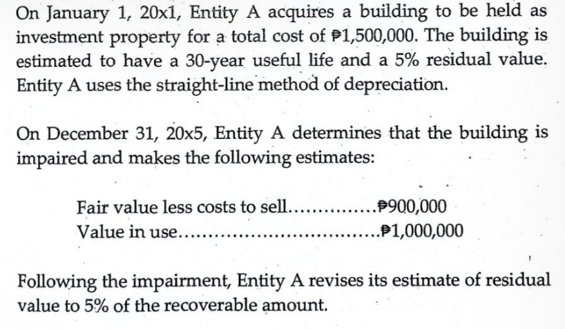 <p><span><span>On December 31, 2x10, Entity A determines an indication that the impairment loss recognized in the prior period may no longer exist. Entity A makes the following estimates and computations:</span></span></p><ul><li><p><span><span>Fair value less costs to sell - 1,100,000</span></span></p></li><li><p><span><span>Value in use - 1,050,000</span></span></p></li></ul><p><span><span>How much is the gain on the reversal of impairment?</span></span></p>