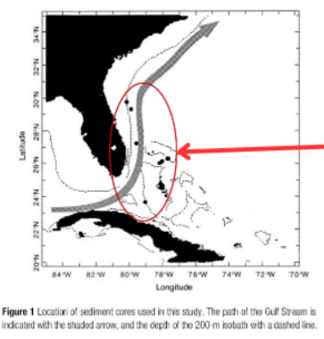 <ul><li><p>Lynch-Stieglitz et al. (1999)</p></li><li><p>Collected sediment samples (cores) across the Florida Strait to reconstruct the history of the Gulf Stream</p></li><li><p>Modern day temperature/density/oxygen isotopes (O16/18) ratios isopleths (line where temp is constant)</p></li><li><p>Modern day temp: 0 - 800 m temp range from 25 at surface to 10 degrees at depth </p></li><li><p>Modern day density: the faster current, the more the tilt on isopleths, increases with depth as a result of the Coriolis effect </p></li><li><p>Modern day Oxygen ratios: match temp and density profiles, shows “titlt” characteristic of fast Gulf Stream flow</p></li><li><p>Modern day can be compared to the Last Glacial Maximum (LGM)</p></li></ul><p></p>